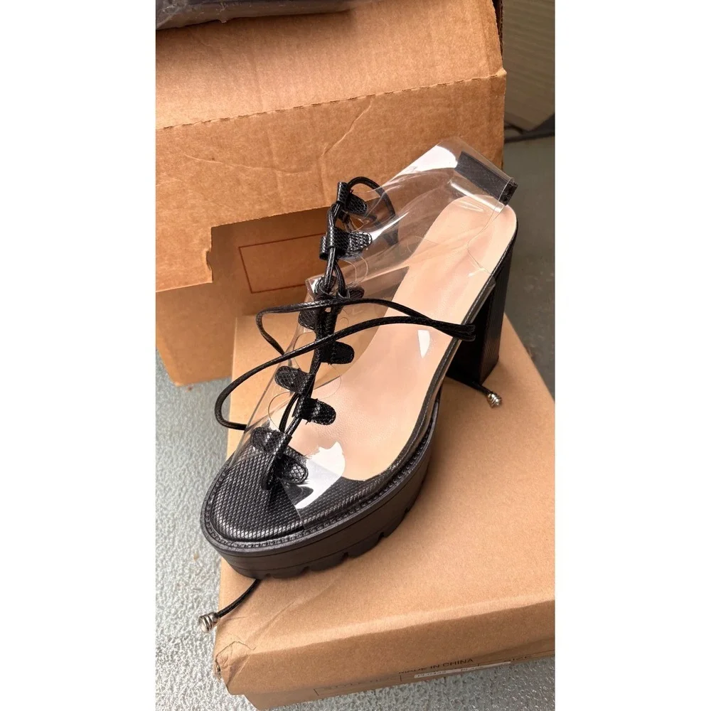 Black Clear Platform Lace Up Block Heel Sandals Lug Sole PL0433 Size 42 NEW